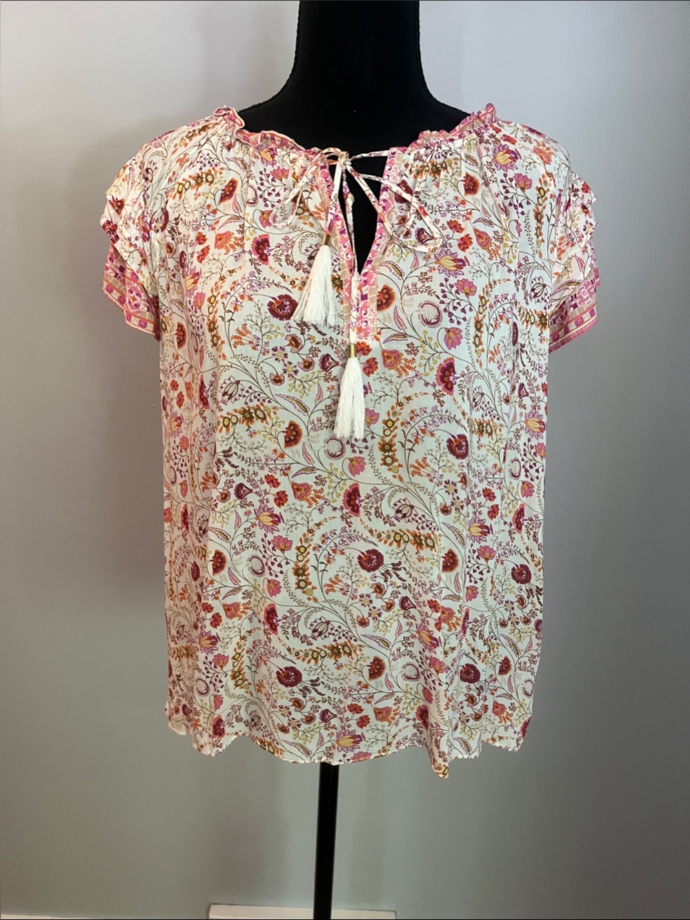 Rose & Olive Pink and Cream Floral Tassel Peasant Blouse